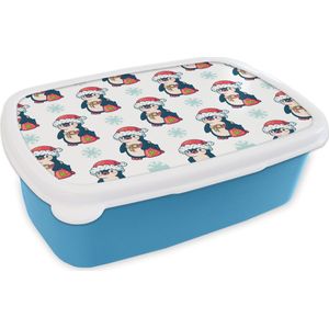 Broodtrommel Blauw - Lunchbox - Brooddoos - Pinguïn - Kerstmuts - Kind - Patronen - Kerstmis - 18x12x6 cm - Kinderen - Jongen