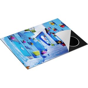 Chefcare Inductie Beschermer Blauwe Huizen met Bloempotten in Chefchaouen, Marokko - 71x52 cm - Afdekplaat Inductie - Kookplaat Beschermer - Inductie Mat