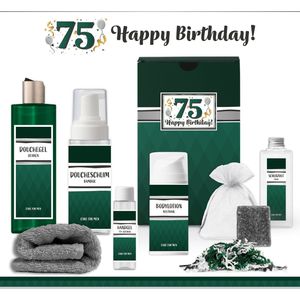 Geschenkset “75 Jaar Happy Birthday!” - 7 producten - 850 gram | Giftset voor hem - Luxe wellness cadeaubox - Cadeau Pakket man Verjaardag - Gefeliciteerd Vijfenzeventig jaar Feestje - Verjaardagsfeestje Cadeaupakket - Verjaardag - Gift Set - Groen