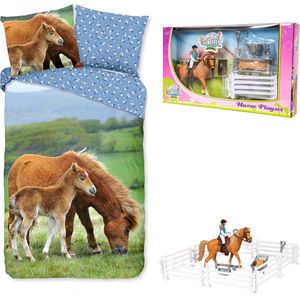 Dekbedovertrek Regine - merrie met veulen - 1 persoons - afmeting 140x200/220 cm - 100% katoen - inclusief speelset
