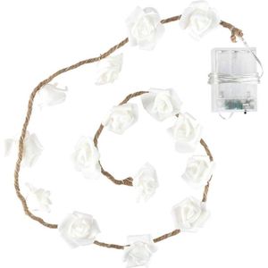 Witte rozen led-lichtsnoer op batterijen aan elegant jute touw - 15 led-lampjes - warmwit met timer - ideaal voor bruiloftsdecoratie