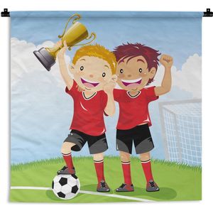 Wandkleed Voetbal illustratie - Een illustratie van twee voetballers die een prijs hebben gewonnen Wandkleed katoen 60x60 cm - Wandtapijt met foto