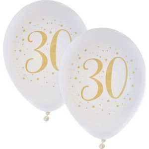 Santex verjaardag leeftijd ballonnen 30 jaar - 16x stuks - wit/goud - 23 cm - Feestartikelen