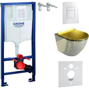 Inbouwreservoir Complete Toiletset Grohe Solido 39069000 - Inbouw WC Hangtoilet Wandcloset Sofi Slim Golden Never Die - Bedieningsplaat EVEN 3in1 Wit Hoogglans - Voorwandelement - Installatiesysteem