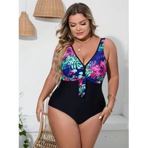 Badpak- Casual zwempak- Dames Plus size kleurblok swimsuit- V hals tropishe print zwemkleding&bikini strandkleding 252- Zwart tropishe kleur- Maat XXL