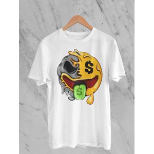 Feel Free - Halloween T-Shirt - Smiley: Geldmondgezicht - Maat XL - Kleur Wit