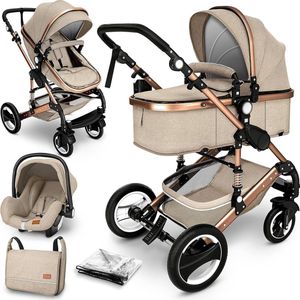 3 in 1 combi-kinderwagen- beige/koper/goud- buggy inclusief autostoeltje-regenhoes- inklapbaar- wandelwagen