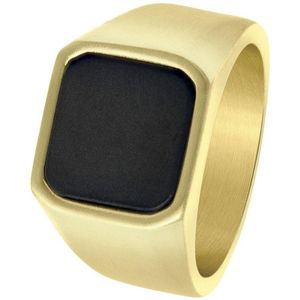 Lucardi Heren Goldplated zegelring met black agate - Ring - Cadeau - Vaderdag - Staal - Goudkleurig