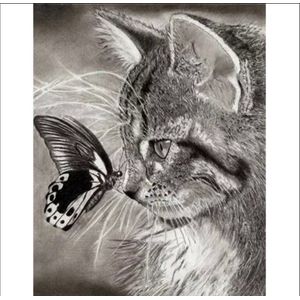 Diamond painting - kat zwart wit - ronde steentjes - hobby - 50 x 40 - art - kinderen - volwassen