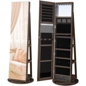 Full Body Sieradenkast met Frameloze LED Spiegel Volledige Lengte 360° Draaibaar Afsluitbaar Donkerbruin 54,5x54x162 Outfit van Boven naar Beneden in Spiegelkast kunt Bewonderen - Voldoende Opslagruimte 3 Planken 2 Laden Hoogwaardige MDF -Stabiliteit