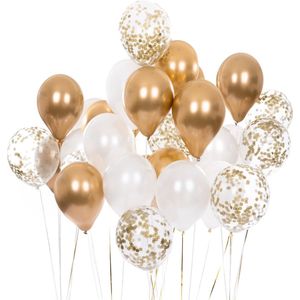 Partizzle 50x Ballonnen Wit en Goud - Helium Geschikt - Papieren Confetti - Nieuwjaar / Oud en Nieuw - Bruiloft, Huwelijk Kerst Ballonnenboog Decoratie - Latex