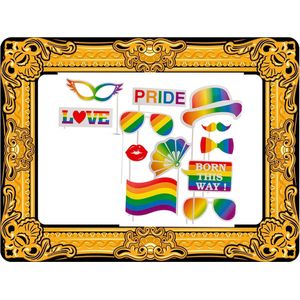 Foto prop set met frame - goud - met gay pride regenboog thema - 13-delig - photo booth accessoires