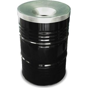BinBin Industriële metalen prullenbak zwart 200 Liter olievat met vlamwerend deksel| Brandveilig | Horeca afvalbak- Grote afvalbak