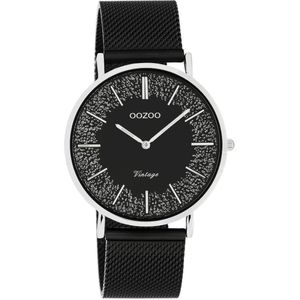 OOZOO Vintage series - zilverkleurige horloge met zwarte metalen mesh armband - C20140 - Ø40