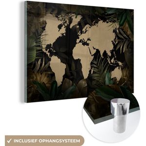 MuchoWow® Glasschilderij 150x100 cm - Schilderij acrylglas - Wereldkaart - Tropische planten - Bloemen - Foto op glas - Schilderijen