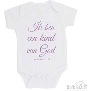 100% katoenen Romper ""Ik ben een kind van God Johannes 1:12"" Meisjes Katoen Wit/lila Maat 62/68