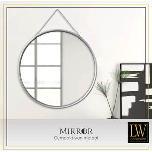 LW Collection wandspiegel met touw zilver rond 50x50 cm metaal - grote spiegel muur - industrieel - woonkamer gang - badkamerspiegel - muurspiegel slaapkamer zilveren rand - hangspiegel met luxe design