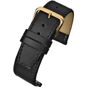 Horlogeband-horlogebandje-14mm-zwart-gestikt-echt leer-plat- goudkleurige gesp-leer-14 mm