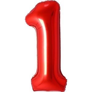 Ballon Cijfer 1 Jaar Rood Folie Ballon Verjaardag Versiering Cijfer ballonnen Feest versiering Met Rietje - 36Cm