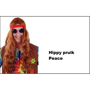Hippie Pruik lang bruin met rode hoofdband - Hippy - Themafeest party 70s and 80s party power flower festival thema