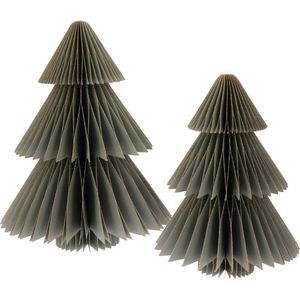 Papieren Kerstbomen - Set 2 stuks: 25 x ø20 en 15 x ø12 cm - Magneetsluiting - Trendy kerstdecoratie - Picea Antraciet grijs - Kerst sfeer - Kerstversiering - kleine Kerstboom voor binnen - Honeycomb - FSC papier - duurzaam interieur - gouden randen