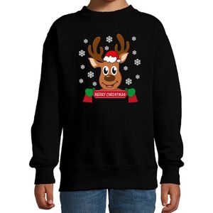 Bellatio Decorations kersttrui/sweater voor kinderen - Merry Christmas - rendier - zwart -Kerstdiner 122/128
