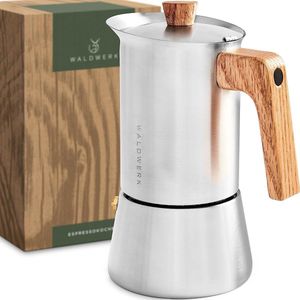 WALDWERK Espressomaker (300ml) - Espressomaker Inductie geschikt voor alle soorten kookplaten - Koffiepot van roestvrij staal met handvat van echt eikenhout