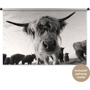 Wandkleed Schotse Hooglanders  - Schotse hooglander in het zwart-wit Wandkleed katoen 150x100 cm - Wandtapijt met foto