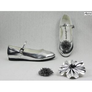 Ballerina's-bruidsschoen meisje-prinsessenschoen-schoen zilver glossy-platte schoen-dansschoen-verkleedschoen-gespschoen-glamour (mt 34)
