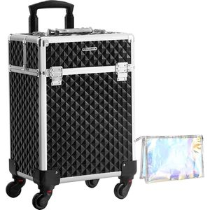 Cosmetische koffer, trolley, make-up case met handvat, 4 universele wielen, 4 uitschuifbare dienbladen, make-up tas, voor reizen, zwart JHZ013B01