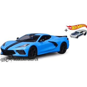 2020 Chevrolet Corvette Stingray Coupe Z51 (Blauw) (15cm) 1/24 Maisto + Hot Wheels Miniatuurauto + 3 Unieke Auto Stickers! - Model auto - Schaalmodel - Modelauto - Miniatuur autos - Speelgoed voor kinderen