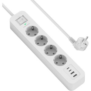 StayPowered 4-Voudige Stekkerdoos - Veilige Oplossing voor al je Apparaten - 4 USB-Poorten - 2 Meter Snoer - 3680W Vermogen - Slimme Oplaadtechniek - Overspanningsbeveiliging - Muurmontage - Wit - Levering Sneller dan Aangegeven!