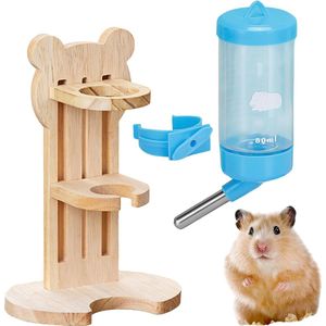 Hamster drinkfles met standaard: verstelbare houten cavia's waterdispenser 80 ml drinkbak voor kleine dieren, lekvrij mondstuk, hamsteraccessoires, cavia's accessoires