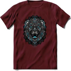 Leeuw - Dieren Mandala T-Shirt | Lichtblauw | Grappig Verjaardag Zentangle Dierenkop Cadeau Shirt | Dames - Heren - Unisex | Wildlife Tshirt Kleding Kado | - Burgundy - XXL
