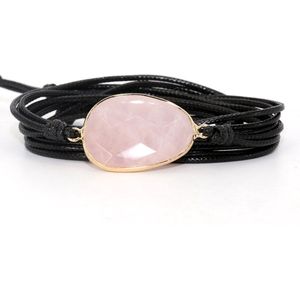 Marama - wikkelarmband Rozenkwarts zwart waxcord - vegan - 80 cm.