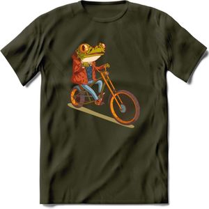 Biker kikker T-Shirt Grappig | Dieren reptiel Kleding Kado Heren / Dames | Animal Skateboard Cadeau shirt - Leger Groen - L