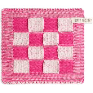 Knit Factory Gebreide Pannenlap Block - Pannenlappen gemaakt van 50% katoen & 50% acryl - Blokken motief - Traditionele look - 1 stuk - Ecru/Fuchsia - 23x23 cm