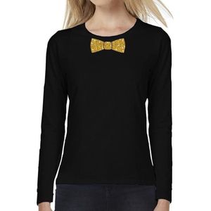 Zwart long sleeve t-shirt met vlinderdas in glitter goud dames - zwart shirt met lange mouwen en gouden strik das voor dames XS