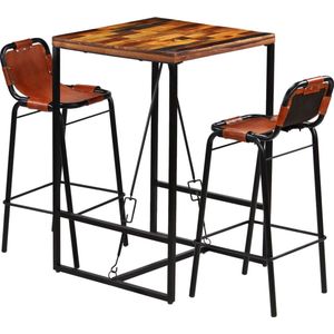 The Living Store Vintage bartafel en barstoelen - massief gerecycled hout - geitenleer - 70x70x106 cm - industrieel