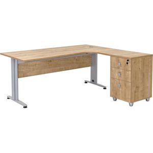 Furni24 Dona hoekbureau, decor saffier eiken, 180 cm x 120 cm x 74 cm, inclusief zijbak, hoek is rechts