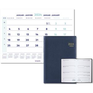 Brepols Bureau-agenda 2024 - Week op 2 pagina - Saturnus 231 - Weekoverzicht - Lima kunstleder - 13,3 x 20,8 cm - Blauw + Brepols Kalender 2024 - Maandkalender - wire-o - 43 x 31,5 cm