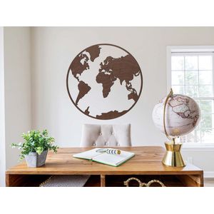 HOUTEN WANDDECORATIE / WOODEN WALL DECORATION - MUURDECORATIE / WALL ART - HOUTEN WERELDKAART - WERELDBOL / WOODEN WORLD MAP - EARTH GLOBE - 70 x 70cm - DONKER HOUT / DARK WOOD - WANDFIGUUR / LANDEN ECHT HOUT - REAL WOOD ROND