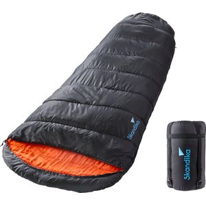 Skandika Vegas-L XXL Slaapzak - Mummieslaapzakken - Slaapzakken volwassen – Unisex - Katoen, luxe kwaliteit, koppelbaar, 3 seizoenen, 220 x 110 cm, -12° tot -15°C, Outdoor kampeerslaapzak – Ritssluiting links - zwart/oranje