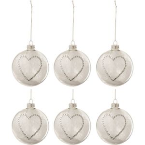 J-Line Doos Van 6 Kerstballen Hart Strass Zilver Pluim Wit Glas Klaar Small