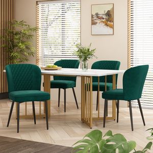 Sweiko Eettafel set, 140 x 80 x 75cm eettafel met 4 stoelen, groen fluweel eetkamerstoelen, kussens stoel ontwerp met rugleuning, wit MDF tafelblad, V-vormige gouden tafelpoten