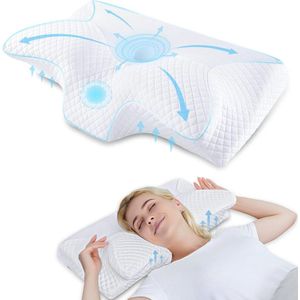 Memory Foam Cervicale Kussen - Orthopedisch Nek Bed Kussen voor Zijslapers Terug en Buik - Wit 60 x 35 x 8/12cm