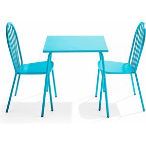 Oviala - Set van een bistro tuintafel en 2 blauwe stalen stoelen - Palavas