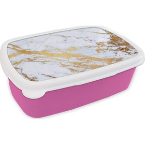 Broodtrommel Roze - Lunchbox - Brooddoos - Marmer - Goud - Wit - Luxe - Marmerlook - Glitter - 18x12x6 cm - Kinderen - Meisje