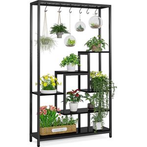 TRIBESIGNS Plantenrek - Plantenstandaard - Plantenrek voor binnen en buiten - Plantenrek met 5 niveaus en 10 S-haken - Zwart - 100 x 30 x 180 cm