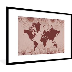 Fotolijst incl. Poster - Wereldkaart - Bloemen - Rood - 90x60 cm - Posterlijst